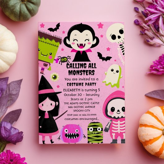 Monster Mash Pink Kids Halloween Party Einladung
