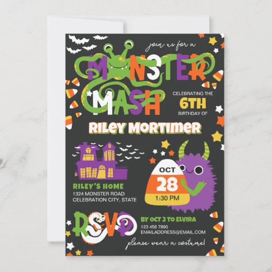 Monster Mash Typografie Kinder Halloween Geburtsta Einladung (Vorderseite)