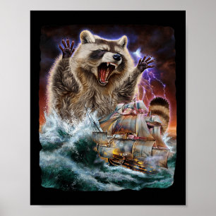 Monster-Raccoon als Kraken ein Kriegsschiff an der Poster