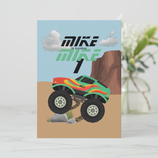 Monster-Räder, orange, gelb, rot, grün b Einladung (Stehend Vorderseite)