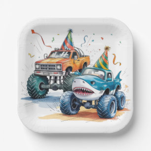 Monster Shark Truck Birthday Bash Aquarell Pappteller