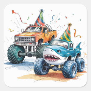 Monster Shark Truck Birthday Bash Aquarell Quadratischer Aufkleber