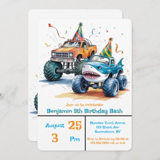 Monster Shark Truck Birthday Bash Art Einladung (Vorne/Hinten)