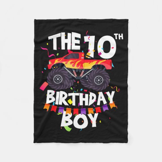 Monster Truck 10th Birthday Boy Funny 10 Years Old Fleecedecke (Vorderseite)