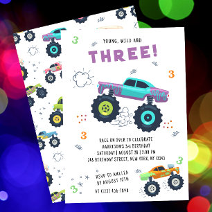 Monster Truck 3. Geburtstag Buntes Gelände Einladung