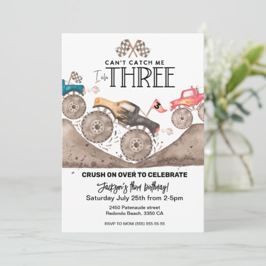 Monster Truck 3. Geburtstag Einladung (Stehend Vorderseite)