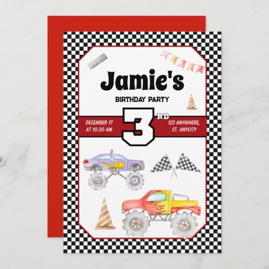 Monster Truck 3. Geburtstag Einladung (Vorne/Hinten)
