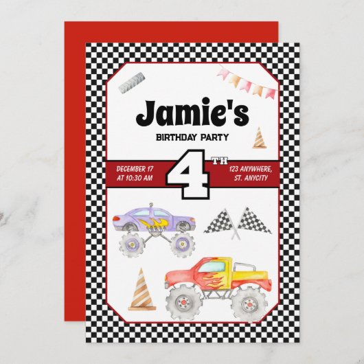 Monster Truck 4. Geburtstag Einladung (Vorne/Hinten)