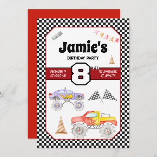 Monster Truck 8. Geburtstag Einladung (Vorne/Hinten)