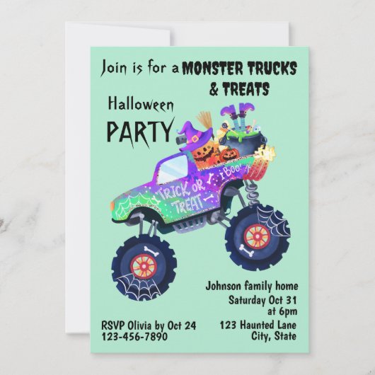Monster Truck And Treats Halloween Party  Einladung (Vorderseite)