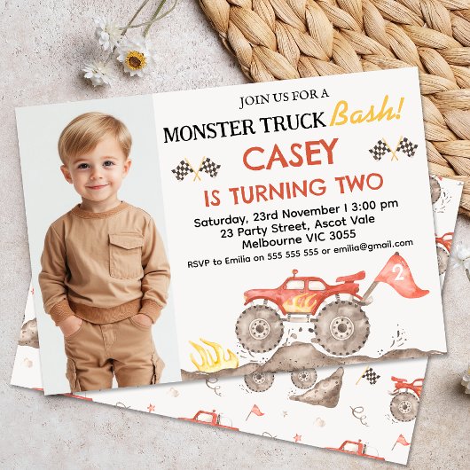Monster Truck Bash Birthday Modern Red Foto Einladung