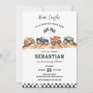 Monster Truck Bash Boom Smash Crash Boy Birthday  Einladung