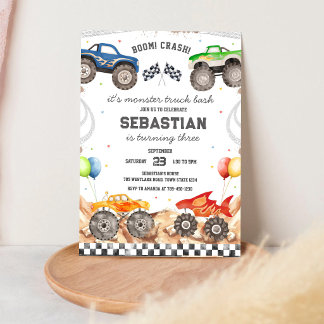 Monster Truck Bash Boom Smash Crash Jungen-Geburts Einladung