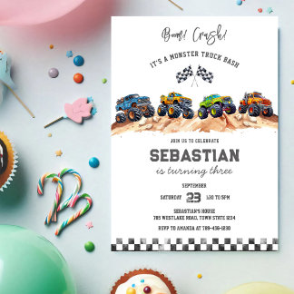 Monster Truck Bash Boom Smash Crash Jungen-Geburts Einladung