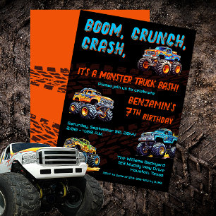 Monster Truck Bash Boy 7. Geburtstagsparty Einladung