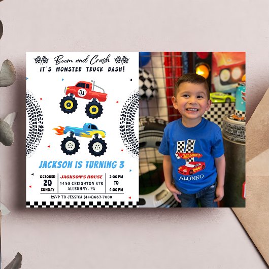 Monster Truck Bash Boy Geburtstag Foto Einladung