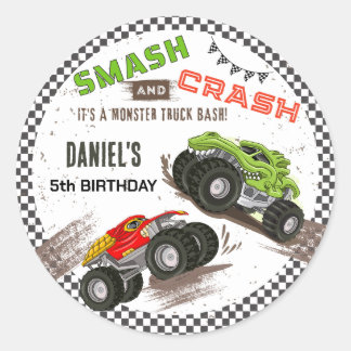 Monster truck bash cool modern cute 5th birthday  runder aufkleber