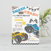Monster truck bash cool modern kid 5th birthday einladung (Stehend Vorderseite)