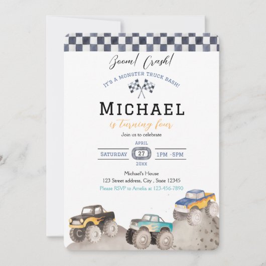 Monster Truck Bash - Explosions-Crash Einladung (Vorderseite)