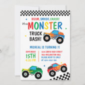 Monster Truck Bash farbenfrohe Groovy Kinder Gebur Einladung (Vorderseite)