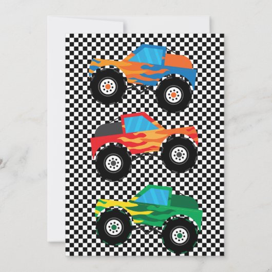 Monster Truck Bash farbenfrohe Groovy Kinder Gebur Einladung (Rückseite)
