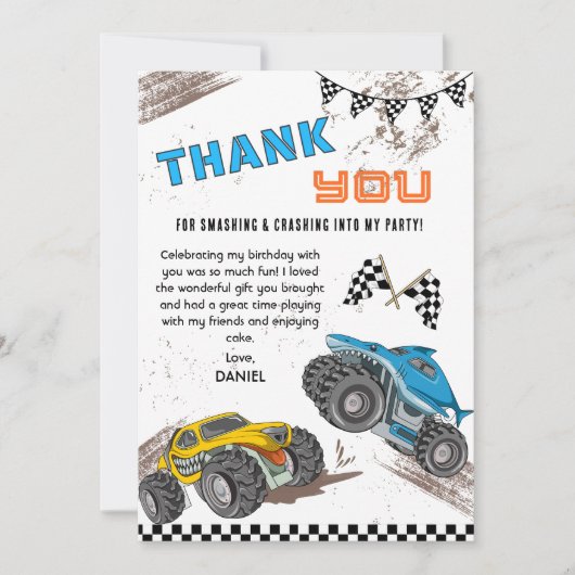 Monster truck birthday bash kids cool fun modern dankeskarte (Vorderseite)