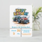 Monster Truck Birthday Bash Wasserfarbe Kunst Einladung (Stehend Vorderseite)
