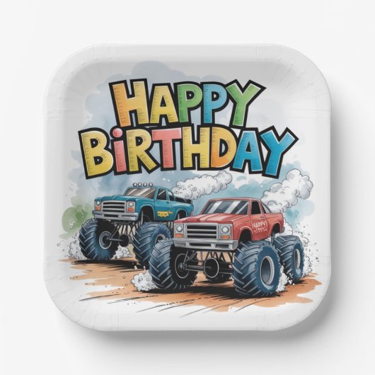 Monster Truck Birthday Bash Wasserfarbe Kunst Pappteller (Vorderseite)