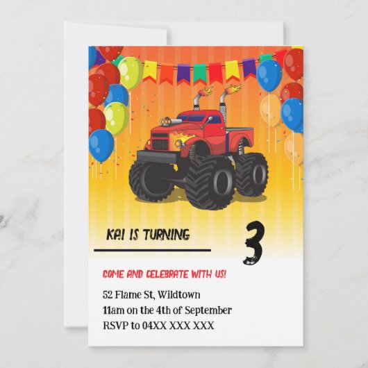 Monster Truck Birthday Einladung (Vorderseite)
