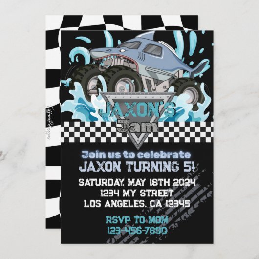 Monster Truck Birthday Einladung Blaue Haie (Vorne/Hinten)