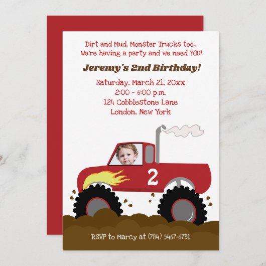 Monster Truck Birthday Einladung Rot mit Foto (Vorne/Hinten)