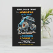 Monster Truck Birthday Einladungen Blue Jump (Stehend Vorderseite)