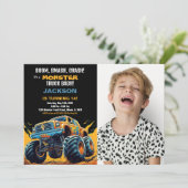Monster Truck Birthday Einladungen Foto gelb (Stehend Vorderseite)