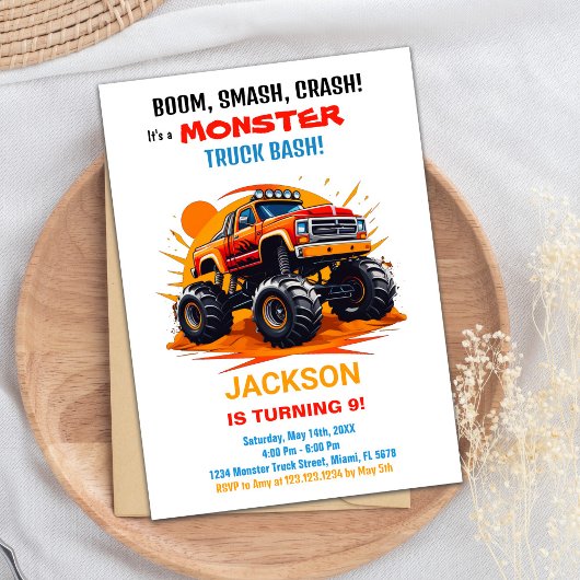 Monster Truck Birthday Einladungen Orange White