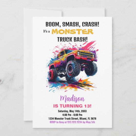 Monster Truck Birthday Einladungen Rosa (Vorderseite)