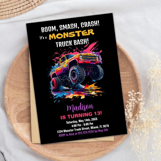 Monster Truck Birthday Einladungen Rosa Schwarz