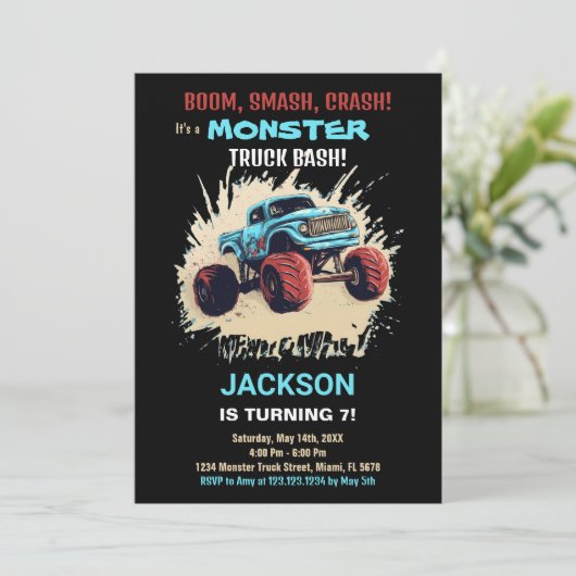 Monster Truck Birthday Einladungen Schwarz (Stehend Vorderseite)
