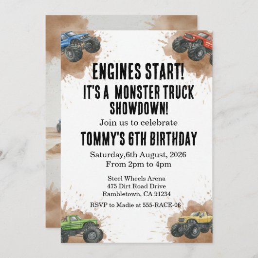 Monster Truck Birthday Invitation Einladung (Vorne/Hinten)