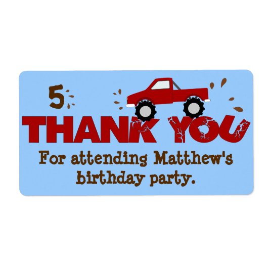 Monster Truck Birthday Party favorisiert Labels (Vorne)