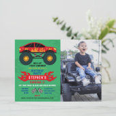 Monster Truck Birthday Party Flammen Big Foto Einladung (Stehend Vorderseite)
