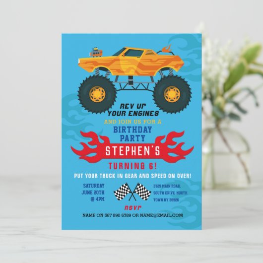 Monster Truck Birthday Party Flammen Big Invest Einladung (Stehend Vorderseite)
