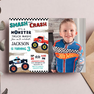 Monster Truck Boy 3. Geburtstag Party Foto Einladung