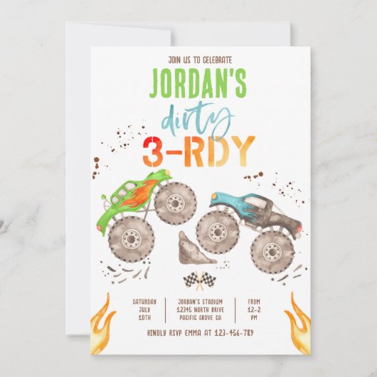 Monster Truck Boy Dirty 3-rdy 3rd Birthday Party Einladung (Vorderseite)