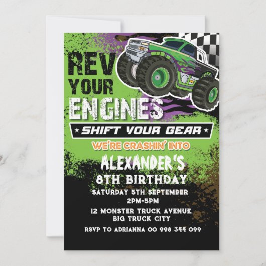 Monster Truck Boy Green Einladung (Vorderseite)