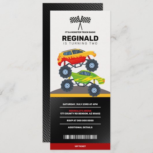 Monster Truck Boy Racing Birthday Jam Ticket Einladung (Vorne/Hinten)