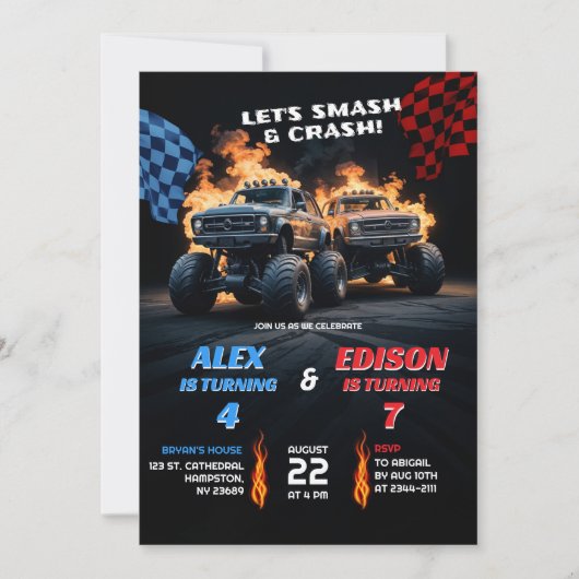 Monster Truck Boys Gemeinsamer Geburtstag Einladung (Vorderseite)