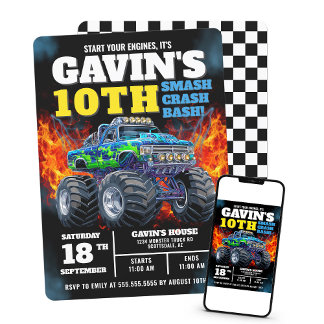 Monster Truck Cool Blue 10. Geburtstag Personalisi Einladung