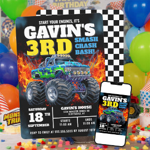Monster Truck Cool Blue 3. Geburtstag Personalisie Einladung