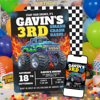 Monster Truck Cool Blue 3. Geburtstag Personalisie Einladung