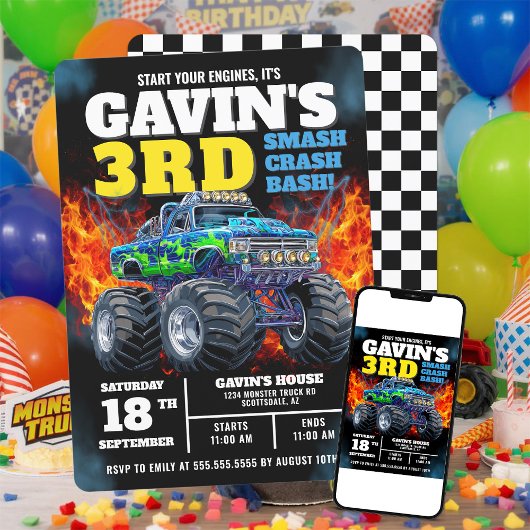 Monster Truck Cool Blue 3. Geburtstag Personalisie Einladung